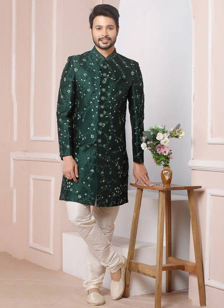 Green Colour New Ethnic Wear Mens Banarasi Silk Sherwani Collection 1659